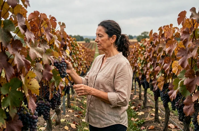Femme inspectant des grappes de Cabernet Sauvignon dans un vignoble bordelais en automne