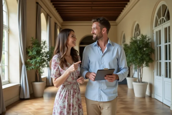 Couple visitant une salle de réception de mariage dans un château français avec une coordinatrice tenant un presse-papiers
