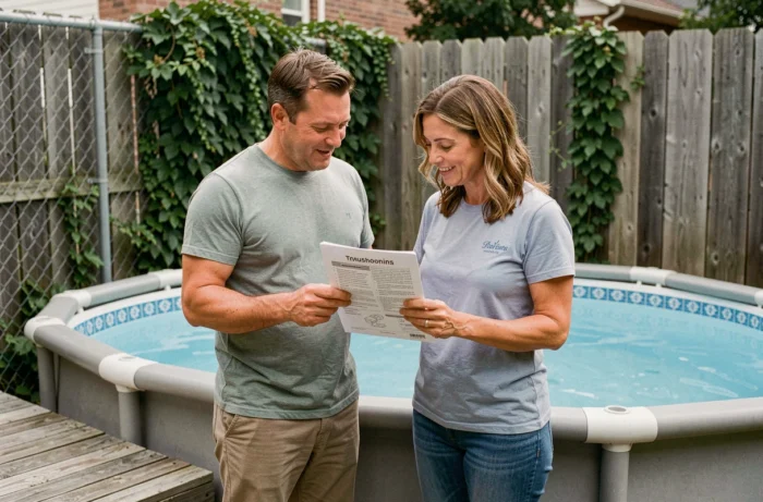 Deux voisins consultant un guide d'entretien de piscine hors-sol dans un jardin urbain