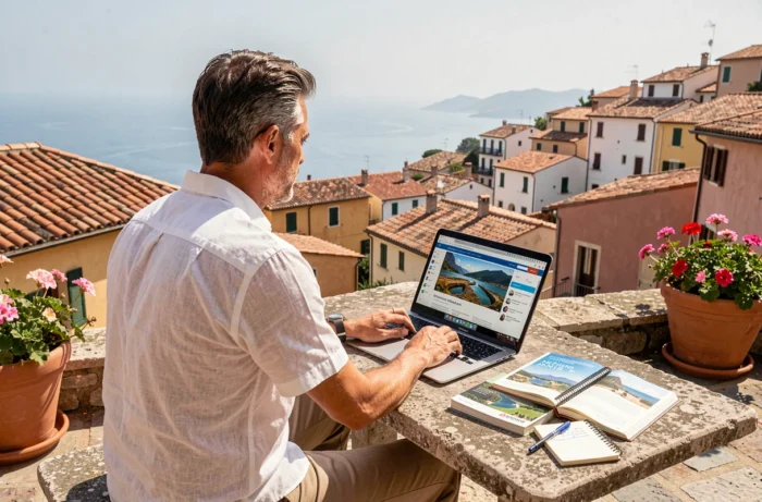 Homme planifiant un voyage en 2026 sur une terrasse méditerranéenne, profiter des jours fériés pour escapades en Europe