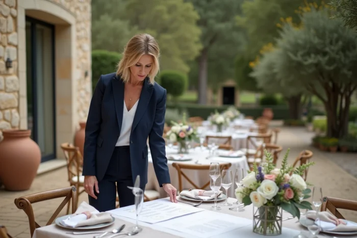 Wedding planner professionnelle vérifiant un plan de table lors de la mise en place d'une réception de mariage en plein air dans un jardin provençal